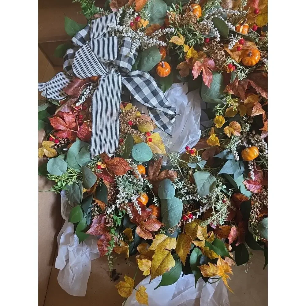 Handmade Autumn Fall Farmhouse Pumpkin Wreath Leaves Buffalo Plaid 26